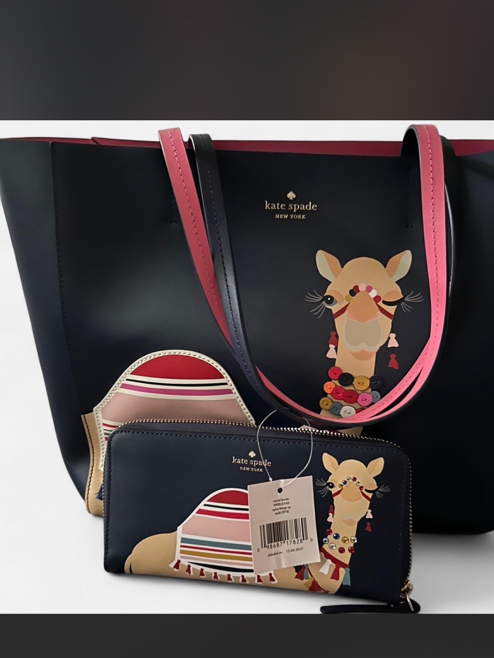 kate spade Navy Tote with Pink-Trim Camel Motif and Matching Wallet